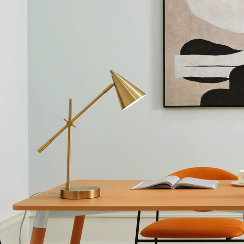 Dope Mid Century Modern 18 Inch Desk Lamp With Matte Brass Finish Adjustable Height Balance Arm Rotary Switch On Shade E26 Base