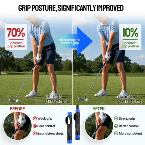 Before and after using Golf Grip Trainer Right Hand With Ergonomic Design To Correct Grip Posture, Improve Accuracy And Control.