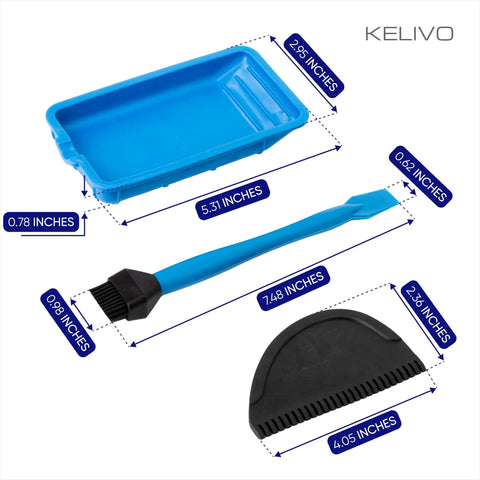 Built Different Non Stick Silicone Glue Brush Set With Tray And Spreader Tool Smooth Operator tools and tray dimensions shown.