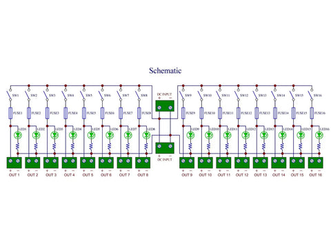 Schematic diagram of 16 Channel Power Distribution Module With Rocker Switch And Fused Pluggable Side Wiring Terminal Block