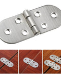 Close-up of Self Supporting Flush Hinge For Folding Sewing Machine Table and Cabinet Hardware, stainless steel finish.