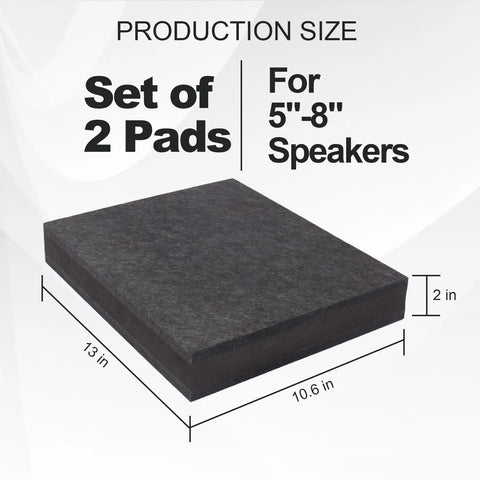 Three Layer Studio Monitor Isolation Pads With Foam Riser dimensions, showing a two-pack for 5-8 inch speakers, 13x10.6x2 inches.