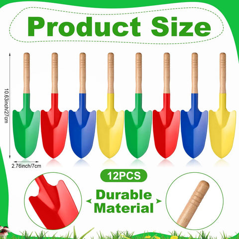 12 Pack Kids Garden Shovels Set With Wooden Handles, Mini Metal Sand Shovels for Beach and Garden in 4 Colors