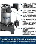 Beefy 1/2 HP Stainless Steel And Cast Iron Sump Pump With Vertical Switch, Moves Up To 4500 GPH, 25 Foot Lift, annotated features