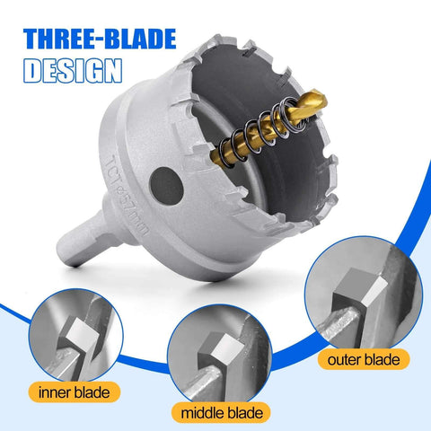 Front view of Amazon carbide hole saw kit for metal, 16-piece set, 5/8–2-1/4 in, three-blade design.