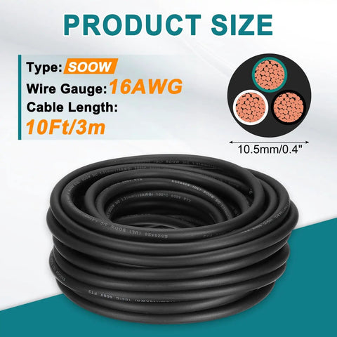 Top Shelf Heavy Duty Electrical Wire Cable Crafted From Pure Oxygen Free Copper Tough As Nails For Stage Lighting And Machinery Jobs Bulletproof Flexibility In Tough Conditions UL Listed Power Cord, 10Ft SJOOW cable with 16AWG.