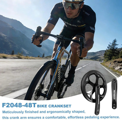 Cyclist on mountain road with 48T Mountain Bike Crankset With 170mm Arm 130BCD Square Taper Cranks, close-up of crankset
