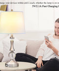 Set Of 2 Touch Control Crystal Table Lamps With USB Port, 3 Way Dimmable Bedside Nightstand Lighting, Woman Charging Phone