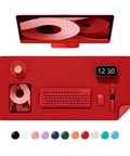 Bright Red Desk Pad 23.6 By 13.8 Inch PU Leather Non Slip Desk Mat For Laptop Mouse Keyboard Writing And Gaming Waterproof Office And Home Use Everyday Dope, with accessories on bright red mat