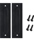7 Inch Black Sliding Barn Door Finger Pull Set, Heavy Duty Modern Invisible Handle With Flat Bottom, Easy To Install Flush Door Pulls, Includes 2 Pieces, Flush Mount Design, Six And One Quarter Inch Hole Pitch, Cast Iron Construction shown with screws included