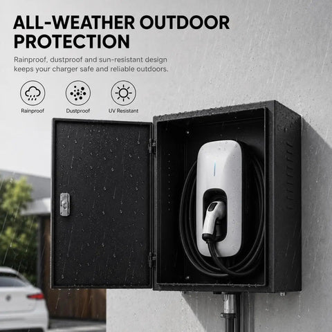 Built Different Wall Mounted EV Charger Protection Box with Lock Outdoor Weather Resistant Drip Proof Canopy with charger stored securely.