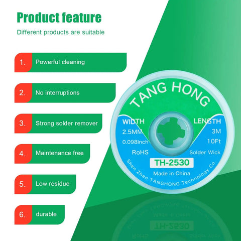 Green Tang Hong desoldering wick, 10 ft length, 0.098 inch wide, features list on left, Desoldering Wick Braid 10 Ft No Clean Desoldering Tool