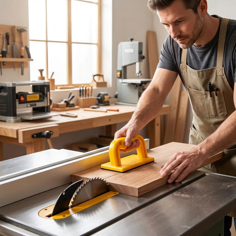 Heavy Duty Push Handle For Woodworking Keeps Your Digits Safe From Kickback On Jointers And Planers No Sweat Palm Grip in use.