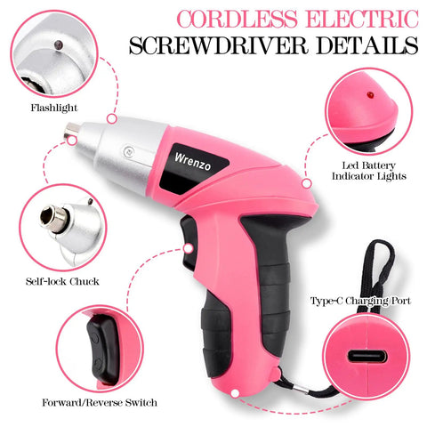 Pink 3.6V Cordless Screwdriver Set With 151 Piece Home Tool Kit Magnetic Bits LED Light USB C Fast Charging Lightweight Ergonomic Grip For Women DIY Projects