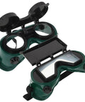 Workhorse Flip Up Welding Goggles With Impact Resistant Lenses showing green frame, ventilated design, and top flip-up lenses.
