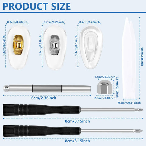 Product size chart of All In One Magnetic Eyeglasses Repair Kit With Precision Screwdrivers, Tweezers And 580 Pieces