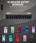 Guitar Pedal Power Supply With 10 Independent DC Outputs For 9V 12V And 18V Effects showing connected effects pedals.