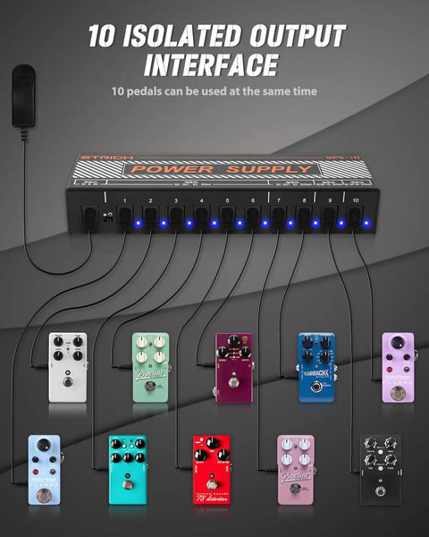 Guitar Pedal Power Supply With 10 Independent DC Outputs For 9V 12V And 18V Effects showing connected effects pedals.