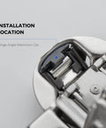 Close-up of soft close hinge clip installation showing gray restriction clip for smooth operation and zero door dings.