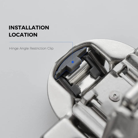 Close-up of soft close hinge clip installation showing gray restriction clip for smooth operation and zero door dings.
