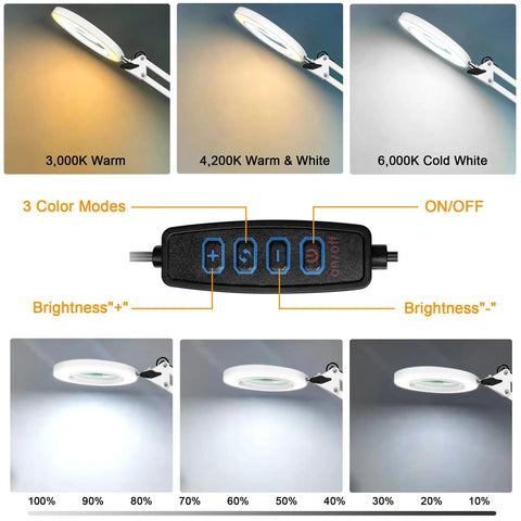 10X Magnifying Glass With Light And Stand Handy Hands Free Desk Lamp Magnifier showing 3 color modes and brightness levels