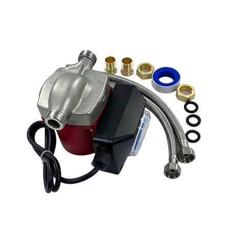 Premium 115V Hot Water Pressure Booster Pump ThreeSpeed Stainless Steel Circulator with installation kit and connectors.