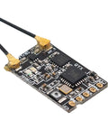 Close-up of AFHDS3 2.4GHz 16 Channel RC Receiver With Dual Antennas showing circuit board and connectors, for drone control use.