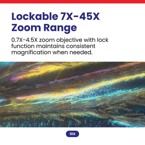 Dual Head Simul Focal Stereo Microscope With Lockable Zoom Pro Grade Build For Pros, 7x To 45x Magnification, Trinocular Eyepiece And Port Viewing, One And A Quarter Inch Wide Field, 4 Inch Working Distance, 3D Boom Stand For Flexible Positioning, 10x view