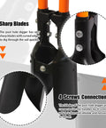 Close-up of Heavy Duty Post Hole Digger with 58 Inch Reach, featuring sharp carbon steel blades, four screws connection, orange and black handle
