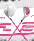 Left Handed Women Golf Clubs Set 7 Piece Complete Deluxe Kit With Driver Hybrid Irons Sand Wedge Putter Stand Bag Pink