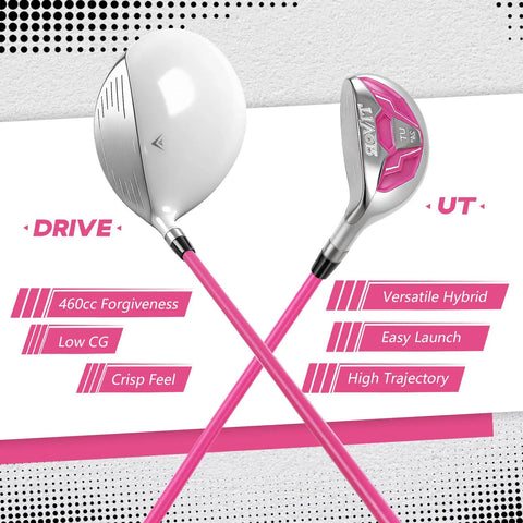 Left Handed Women Golf Clubs Set 7 Piece Complete Deluxe Kit With Driver Hybrid Irons Sand Wedge Putter Stand Bag Pink