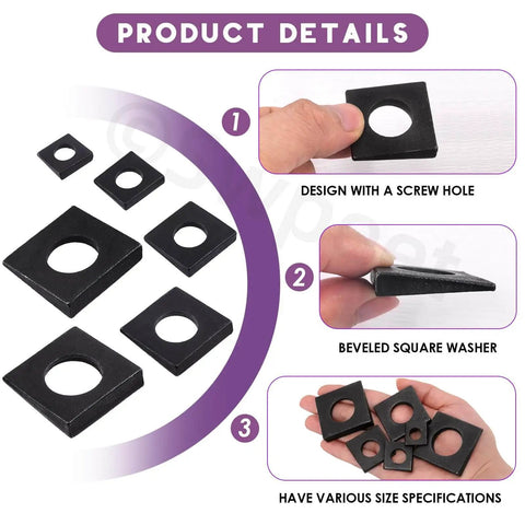 Best Beveled Square Washer Kit for Shim Leveling With 34 Pieces Across Six Sizes M8 M10 M12 M16 M18 M20 Galvanized Black