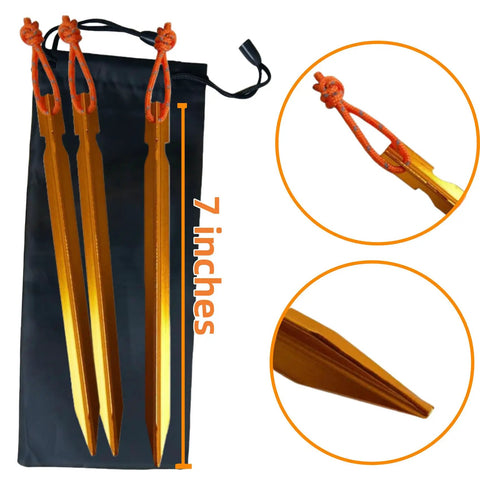 12 Pack Tent Stakes Made From 7075 Aluminum, 7-inch durable orange pegs with reflective cords, shown with storage bag.