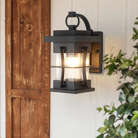 Ultra Durable Dusk To Dawn Outdoor Wall Light In Black Finish With Seeded Glass Shade IP65 Waterproof Exterior Wall Mount Fixture