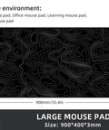 Extra Large Gaming Mouse Pad With Black Topographic Print XXL Desk Mat For Gaming And Work Non Slip Keyboard Pad