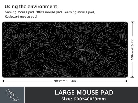 Extra Large Gaming Mouse Pad With Black Topographic Print XXL Desk Mat For Gaming And Work Non Slip Keyboard Pad