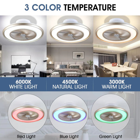 22 Inch Bladeless Low Profile Ceiling Fan With Lights And Remote Enclosed Flush Mount RGB 7 Color Mood Lighting And Built In Music Speaker in various lighting settings