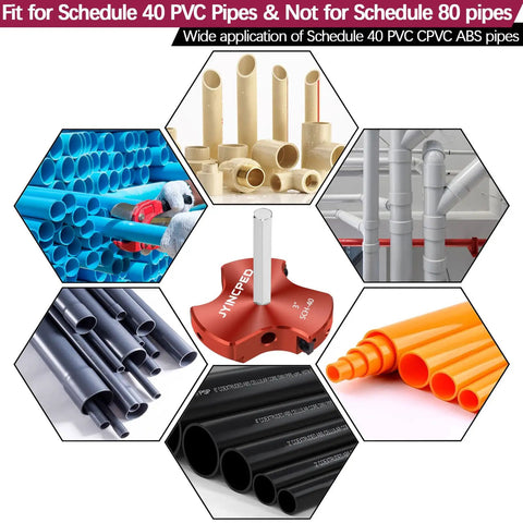 3 Inch PVC Pipe Reamer With Triple Blade For Faster Cutting Power Fitting Saver Socket Pro Grade Plumbing Tool For Schedule 40 CPVC ABS Hubs Fits Standard One Half Inch Drills in hexagonal view layout showing different pipe types and applications.