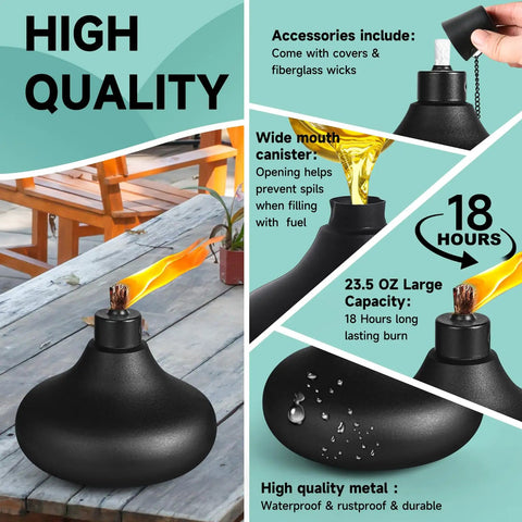 Six Pack Metal Table Top Torches For Outdoor Use Citronella Fueled Refillable Flame Lights With Wicks And Covers in garden setting.