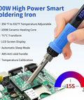 Heated 100W Soldering Iron Kit With LCD Temp Readout And Auto Sleep used on a PCB, showing quick heat in 15 seconds.