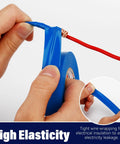 Pro Grade Blue Electrical Tape Waterproof For Insulation And Color Coding Ideal For Home And Industrial Electrical Repairs Up To Six Hundred Volts Three Quarters Inch Wide Sixty Feet Long Per Roll Two Rolls being wrapped around a wire.