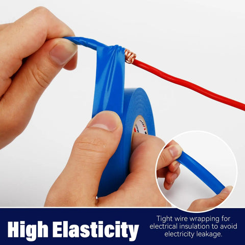 Pro Grade Blue Electrical Tape Waterproof For Insulation And Color Coding Ideal For Home And Industrial Electrical Repairs Up To Six Hundred Volts Three Quarters Inch Wide Sixty Feet Long Per Roll Two Rolls being wrapped around a wire.