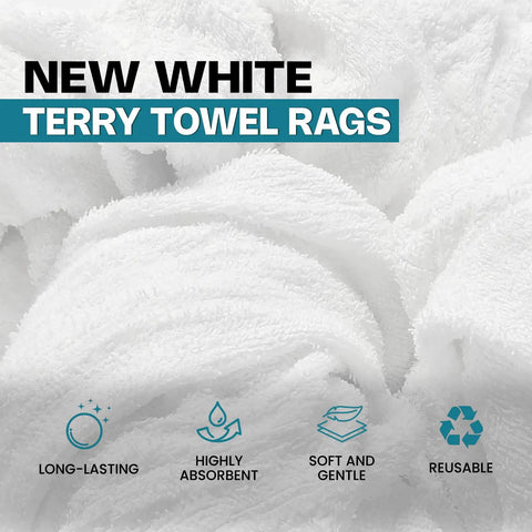 Close-up of Premium White Terry Cloth Rags, ultra absorbent cotton towels, emphasizing softness and reusability, with features icons.
