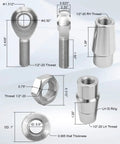 Heavy Duty One Half Inch Heim Joint Rod End Kit With Tube Adapters And Jam Nut For One Inch Tubing Heat Treated And Hard Chrome Plated Twenty TPI High Load Capacity Up To 16238 Lbs Ready To Install, 1/2-20 thread