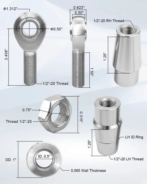 Heavy Duty One Half Inch Heim Joint Rod End Kit With Tube Adapters And Jam Nut For One Inch Tubing Heat Treated And Hard Chrome Plated Twenty TPI High Load Capacity Up To 16238 Lbs Ready To Install, 1/2-20 thread