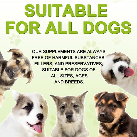 Game Changer Milk Thistle For Dogs With 180 Chewable Tablets showing various puppies promoting all breed suitability.