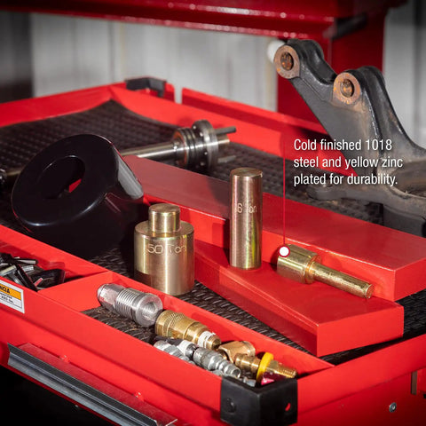 Beefy Heavy-Duty 6-Piece Press Punch Kit For 50-Ton Machines including cold finished 1018 steel punches on a red workbench.