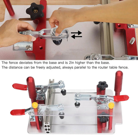 Hands adjusting Pro Grade Woodworking Coping Sled With Adjustable 0 To 48mm Fixture And Clamp, showing clear acrylic dust board.