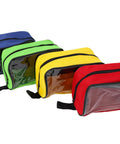 Front view: Set of four color-coded first aid pouches with clear front window; blue, green, yellow, and red.