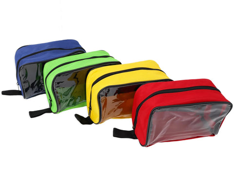 Front view: Set of four color-coded first aid pouches with clear front window; blue, green, yellow, and red.